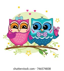 Loving couple cute funny romantic  owls. Forest animal, stars, heart, gift. Decorative and style toy, doll. Wonderland. Birthday postcard. Isolated children's illustration, for print or sticker.