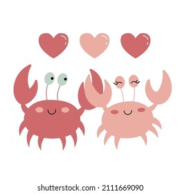 Loving couple of cute sea crabs. Underwater animals, marine fauna. Vector illustration for valentine's day