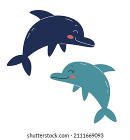 Loving couple of cute sea dolphins. Underwater animals, marine fauna. Vector illustration for valentine's day