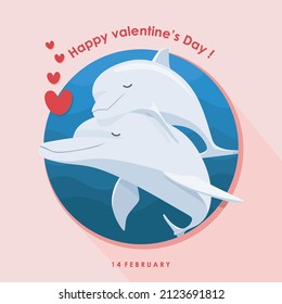 Loving couple of cute sea dolphins. Underwater animals, marine fauna. Vector illustration for valentine's day