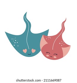 Loving couple of cute sea stingrays. Underwater animals, marine fauna. Vector illustration for valentine's day