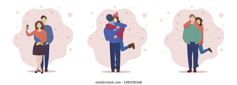 Loving couple. Cute vector illustration set in flat style for Valentine’s Day poster, greeting card, banner or other