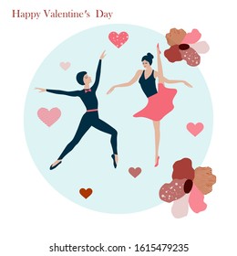 Loving couple dancing - abstract hearts, flowers - round icon - isolated on white background - vector. Happy Valentine's Day.