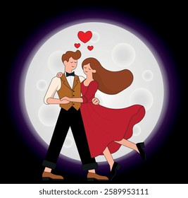 Loving couple, dancing, with a moon behind, backdrop for backgrounds, textures, designers