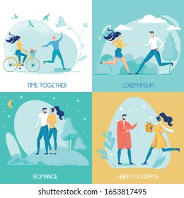 Loving Couple Dates and Rendezvous Banners Set. Man and Woman Cartoon Characters Enjoying Spending Time Together and Meeting Outdoor. People in Relationship Joint Recreation. Flat Vector Illustration.