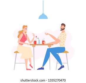 Loving Couple Dating in Cafe. Man and Woman Character Drinking Coffee at Cafeteria Table. Happy Male and Female People on a Date with Cup of Tea. Vector cartoon illustration