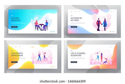 Loving Couple Dating and Fooling Website Landing Page Set, Man, Woman Walking , Visiting Cafe for Drinking Hot Beverage, Fighting with Pillows, Love Web Page. Cartoon Flat Vector Illustration, Banner