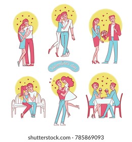 Loving couple - dating, hugging, kissing, romantic relationships, Valentine day celebration set, flat cartoon vector illustration isolated on white background. Loving couple kissing, dating, hugging