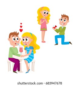 Loving couple, dating and making proposal, romantic relationships, cartoon, comic style vector illustration isolated on white background. Loving couple, dating then making proposal and going to marry