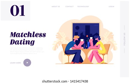 Loving Couple Dating in Restaurant. Declaration of Love, Man and Woman Holding Glasses in Hands. Romantic Relations, Meeting Website Landing Page, Web Page. Cartoon Flat Vector Illustration, Banner