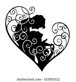 Loving couple in decorative heart with curls. Sketch silhouette isolated on white background. For wedding and Valentine day cards and invitations.