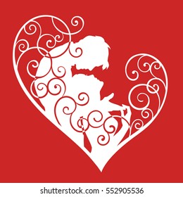 Loving couple in decorative heart with curls. Sketch silhouette isolated on red background. For wedding and Valentine day cards and invitations.