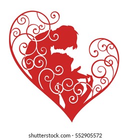 Loving couple in decorative heart with curls. Red sketch silhouette illustration isolated on white background. For wedding and Valentine day cards and invitations.