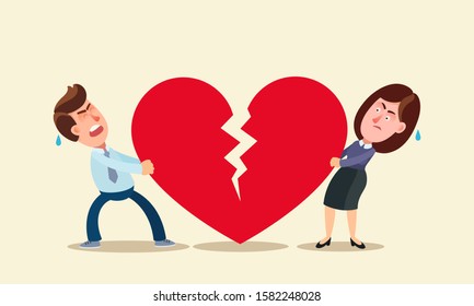 Loving couple destroy relationship. Lovers quarrel, argue and are jealous of each other. End of love. Man and woman pulling broken heart. Vector illustration, flat design cartoon style, isolated.