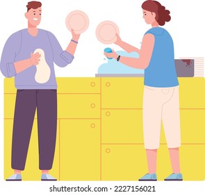 Loving couple dish washing together. Family household isolated on white background