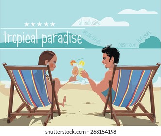 loving couple drinking cocktails on the beach in lounger.
