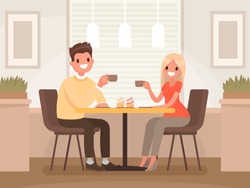 Loving Couple Is Drinking Coffee In A Cafe. A Man And A Woman Are Sitting At A Table In A Cozy Restaurant. Vector Illustration In A Flat Style