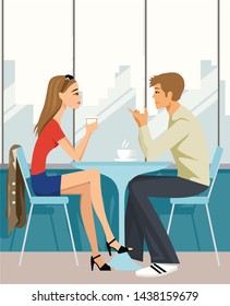 Loving couple is drinking coffee in a cafe. A man and a woman are sitting at a table in a cozy restaurant. Vector illustration in a flat style