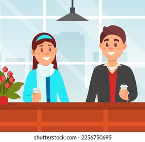 Loving couple drinking coffee in cafe. Man and woman sitting at table and communicating cartoon vector