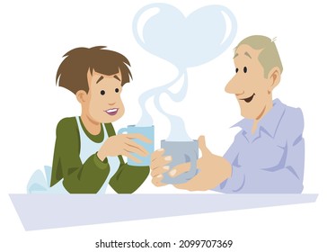 Loving couple is drinking hot tea. Illustration concept for mobile website and internet development.