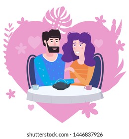 Loving couple is drinking tea in cafe. A man and a woman in love on date are sitting at a table. Love friendship and communication, love heart flora background concept. Vector illustration isolated