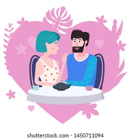 Loving couple is drinking tea in cafe. A man and a woman in love on date are sitting at a table. Love friendship and communication, love heart flora background concept. Vector illustration isolated