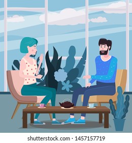 Loving couple is drinking tea in cafe. A man and a woman in love on date are sitting at a table in a cozy floral interior restaurant. Vector illustration in a trendy flat style