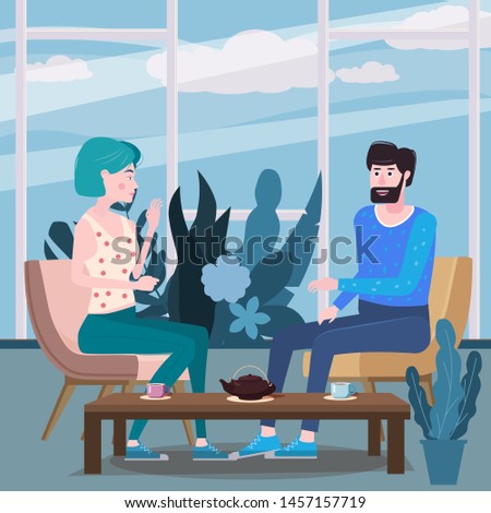 Loving couple is drinking tea in cafe. A man and a woman in love on date are sitting at a table in a cozy floral interior restaurant. Vector illustration in a trendy flat style
