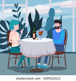 Loving couple is drinking vine in cafe. A man and a woman in love on date are sitting at a table in a cozy floral interior restaurant. Vector illustration in a trendy flat style