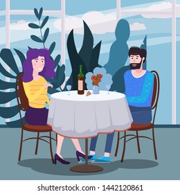 Loving couple is drinking vine in cafe. A man and a woman in love on date are sitting at a table in a cozy floral interior restaurant. Vector illustration in a trendy flat style