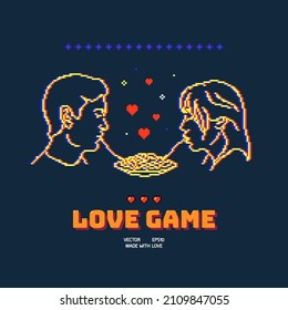 Loving couple eat spaghetti. People in love. Pixel game art style