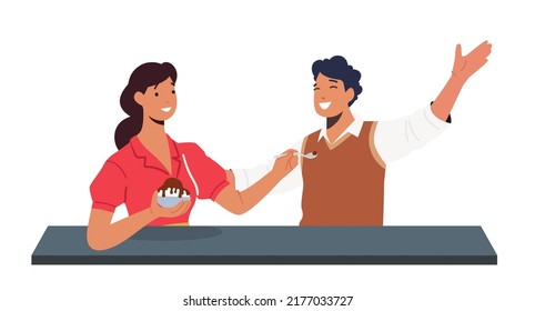 Loving Couple Eating Dessert At Cafe. Smiling Woman Feed Man with Ice Cream, Friends Characters Spend Time At Cafeteria. People Enjoying Coffee Break Sit At Table. Cartoon People Vector Illustration