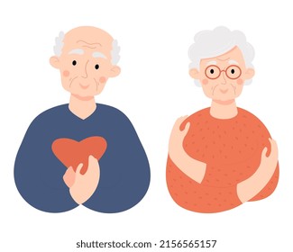 Loving couple of elderly people. Cute senior lady and bald old man. Concept Take care of yourself, love yourself. Vector illustration. Cute persioner character for conceptual design