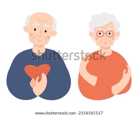 Loving couple of elderly people. Cute senior lady and bald old man. Concept Take care of yourself, love yourself. Vector illustration. Cute persioner character for conceptual design