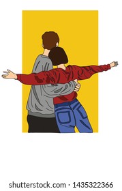 A loving couple in an embrace looks into the distance. a girl in blue jeans and a red jacket, a guy in a gray sweatshirt