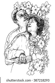 A loving couple embraces - hand drawn vector illustration, isolated on white