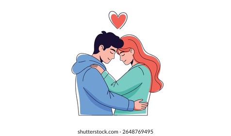 Um casal amoroso abraça sob um símbolo de coração vermelho enfatizando sua profunda conexão e afeto