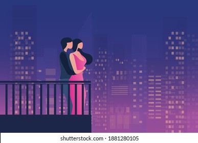 Loving couple embracing at balcony   on cityscape night time vector illustration. Happy valentine's day, marriage, wedding and love concept