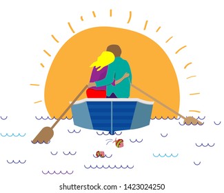 A loving couple is embracing in a boat. Vector illustration.