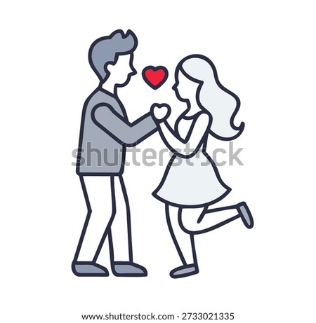 Loving couple embracing, celebrating romance and affection. A woman in high heels hugs a man, with red hearts floating