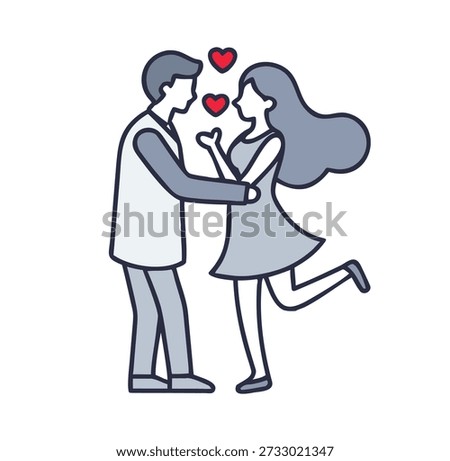 Loving couple embracing, celebrating romance and affection. A woman in high heels hugs a man, with red hearts floating