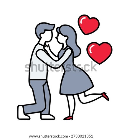 Loving couple embracing, celebrating romance and affection. A woman in high heels hugs a man, with red hearts floating