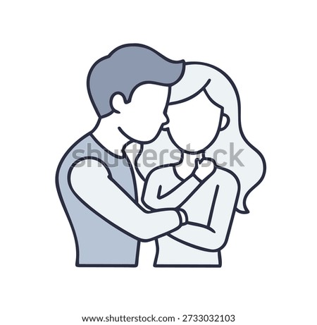 Loving couple embracing, celebrating romance and affection. A woman in high heels hugs a man, with red hearts floating