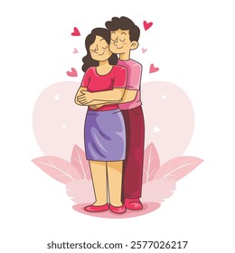 Loving couple embracing with heart symbols. Valentine's Day celebration illustration.