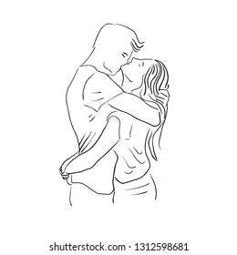 Loving couple embracing and kissing - line drawing 