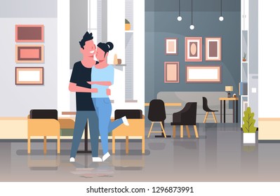 loving couple embracing and kissing man woman lovers standing together enjoying company of each other modern cafe interior male female characters full length flat horizontal