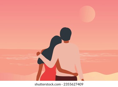 Loving couple embracing and looking  moon on the beach in sunset sky background vector illustration. Love, happy valentine's day, honeymoon and wedding concept