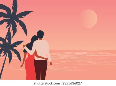 Loving couple embracing and looking  moon on the beach in sunset sky background vector illustration. Love, happy valentine's day, honeymoon and wedding concept