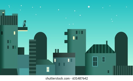 A loving couple embracing on the balcony of the house, in a night city with stars. Sleeping city. Flat style, abstract art.
