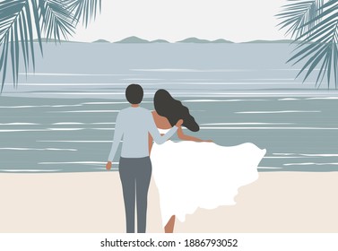 Loving couple embracing on the beach view background vector illustration. Happy valentine's day, love, honeymoon concept  